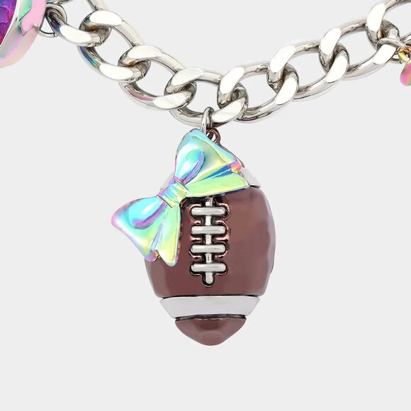 NWT$148 BETSEY JOHNSON Football Charms Necklace Glass Crystal Silver Tone Girly - Picture 4 of 4